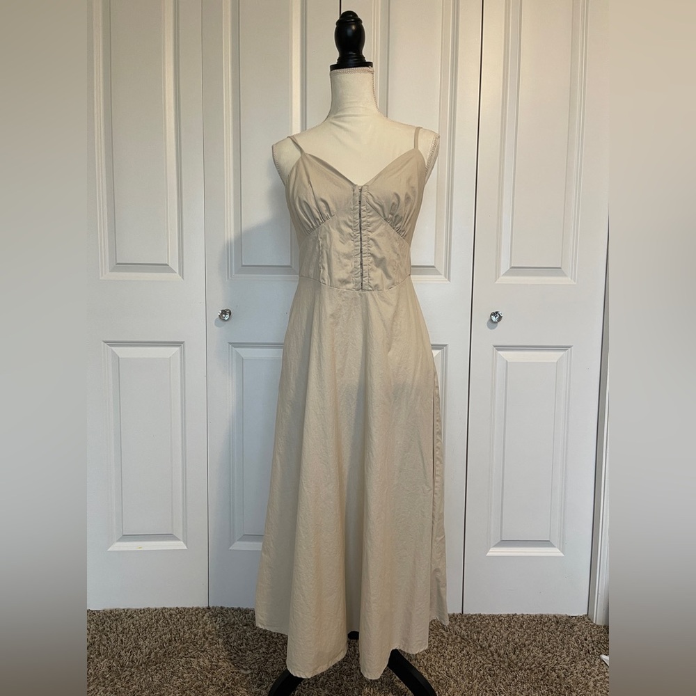 Sold! Sincerely Jules Beige Corset A Line Midi Dress Sz M Sleeveless w/Pockets